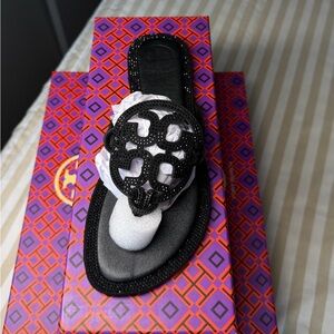 Tory Burch Black Crystal Logo Toe-Post Sandal